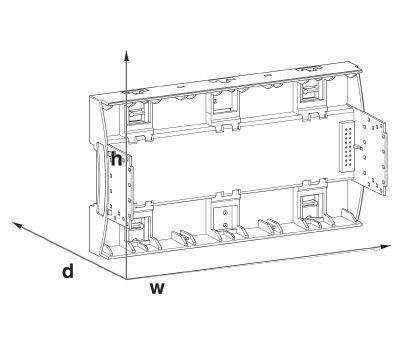 Technische Skizze einer rechteckigen Box mit Maßen: Breite (w), Höhe (h) und Tiefe (d), mit mehreren Montagepunkten.