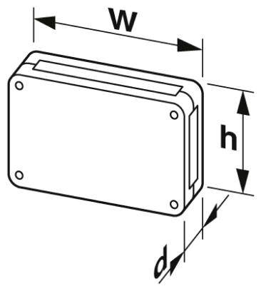 Schaltkasten Diagramm: Rechteckform mit angegebenen Maßen Breite (w), Höhe (h) und Tiefe (d). Schrauben in den Ecken markiert.