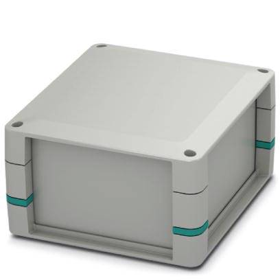 Ein rechteckiges, graues Kunststoffgehäuse mit abgerundeten Ecken und blauen Streifen an den Seiten. Verwendet für Elektronik.