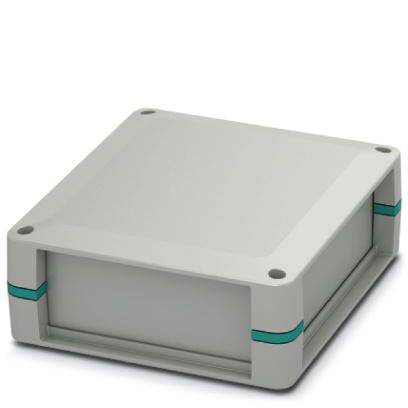 Ein graues, quadratisches Kunststoffgehäuse mit abgerundeten Ecken und grünen Streifen an zwei Seiten, geeignet für Elektronik.