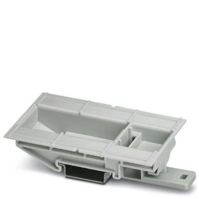 Ein graues Plastikteilehalter-Produkt mit mehreren Fächern und Steckplatz, auf weißem Hintergrund.