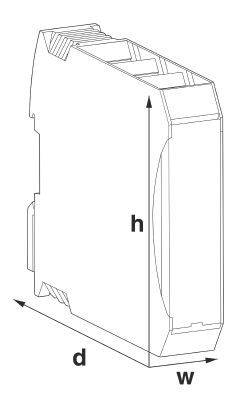 Zeichnung eines rechteckigen elektronischen Geräts mit Abmessungen: Breite (w), Höhe (h), Tiefe (d).