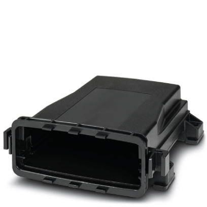 Schwarzes Kunststoffgehäuse, rechteckig, mit offenen Seiten; möglicherweise Teil eines elektrischen oder elektronischen Geräts.