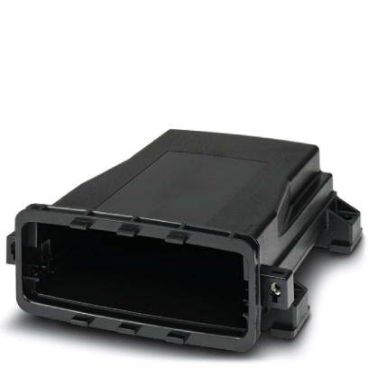 Schwarzes, rechteckiges elektronisches Gehäuse, offen an einem Ende, verwendet zur Abdeckung von Elektronikkomponenten.