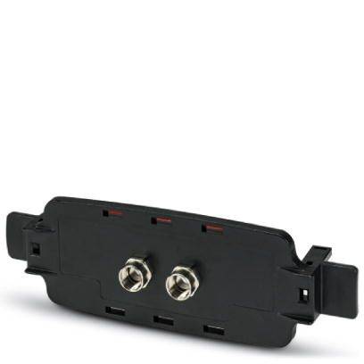 Schwarzes Kunststoffgehäuse mit zwei metallischen Steckverbindern, vermutlich Teil eines elektrischen Geräts oder Verbindungselements.