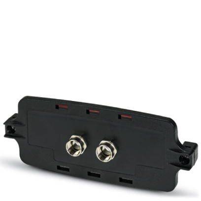 Ein schwarzes elektronisches Bauteil mit zwei silbernen Anschlüssen in der Mitte, das wahrscheinlich für Verdrahtungszwecke verwendet wird.