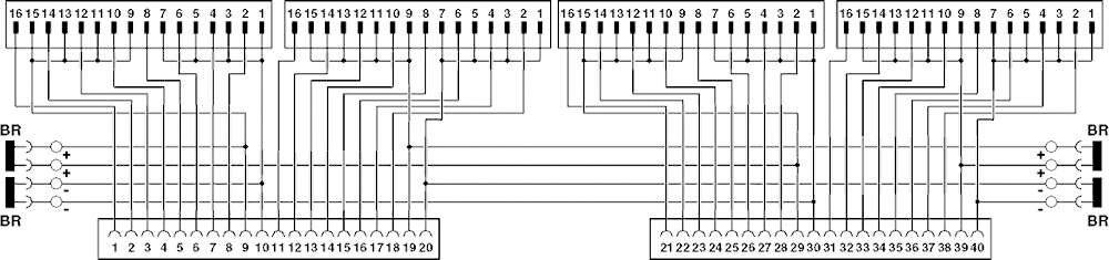 Schaltplan eines elektronischen Schaltkreises mit nummerierten Anschlüssen und mehreren horizontalen Verbindungen zwischen den Komponenten.