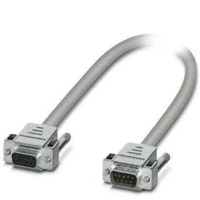 Graues serielles RS-232-Kabel mit zwei Metallsteckern, jeder mit neun Pins, für Datenübertragung zwischen Geräten.