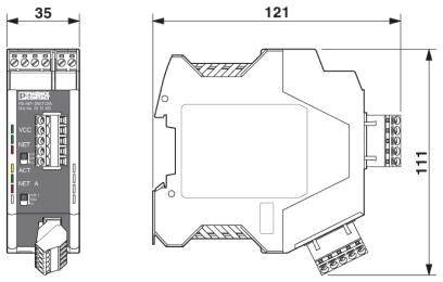 Technische Zeichnung eines Geräts mit Abmessungen 35x121x111 mm.