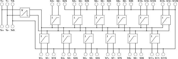 Schematische Darstellung eines Schaltkreises mit mehreren Schaltern, gekennzeichnet von S1+ bis S13- und V als zentralem Punkt.