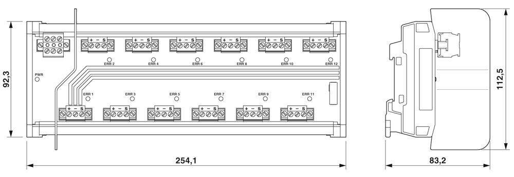 Technische Zeichnung eines elektrischen Anschlussmoduls mit Abmessungen: Breite 254,1 mm, Höhe 92,3 mm und Tiefe 83,2 mm.
