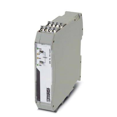 Elektronisches Modul, rechteckig, grau, mit verschiedenen Anschlüssen auf der Oberseite und beschriftetem Etikett an der Seite.