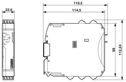 Technische Zeichnung eines elektronischen Geräts mit Abmessungen: 119,5 mm Breite, 112,4 mm Höhe und 22,6 mm Tiefe.
