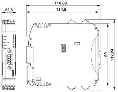 Technische Zeichnung eines elektronischen Bauteils mit den Maßen 116,88 mm Breite und 99 mm Höhe; Details des Anschlusses sichtbar.