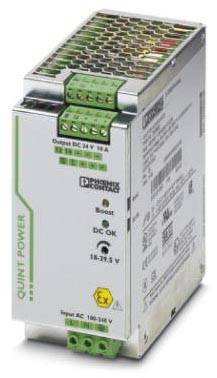 Stromversorgungseinheit mit grünen und grauen Anschlüssen, Markenname 'QUINT POWER', Spannungsbereich von 100-240 V, Ausgang 24 V, 10 A.