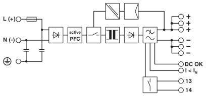 Diagramm eines Stromkreises mit aktiver PFC, konvertiert Wechselstrom zu Gleichstrom. Enthält Symbole für Transformator, Gleichrichter und Filter.