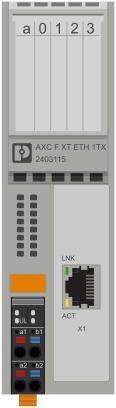 'AXC F XT ETH 1TX 2403115'. Gerät mit Ethernet-Anschluss, LED-Indikatoren und Beschriftungen.