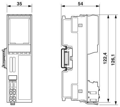 Technische Zeichnung eines elektronischen Bauteils mit den Maßen 35 mm x 54 mm x 126,1 mm. Seiten- und Frontansicht sind dargestellt.