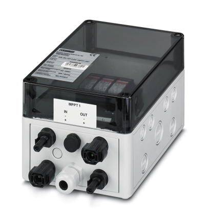 Ein rechteckiges elektrisches Anschlussgehäuse mit mehreren Anschlüssen, einem transparenten Deckel und einem Etikett 'IN - OUT'.