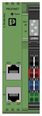 Modul eines PROFINET-Controllers mit zwei Ethernet-Ports und farbcodierten Anschlüssen für verschiedene Ein- und Ausgänge.