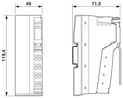 Technische Zeichnung eines elektronischen Geräts mit den Maßen 119,4 x 40 x 71,5. Vorder- und Seitenansicht werden gezeigt.