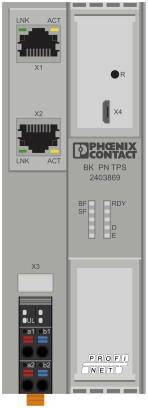 'Phoenix Contact BK PN TPS 2403869' Industrielles Buskoppelmodul mit Ethernet-Ports, Statusanzeigen und Profinet-Kompatibilität.