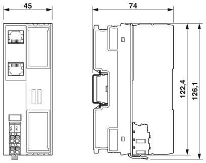 Technische Zeichnung eines Gerätegehäuses mit Abmessungen: Breite 45 mm, Tiefe 74 mm, Höhe 126,1 mm bis 126,4 mm.