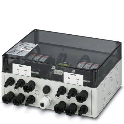 Ein rechteckiger Anschlusskasten mit mehreren Kabelanschlüssen und zwei eingebauten Modulen, die mit 'MPP 1' und 'MPP 2' beschriftet sind.