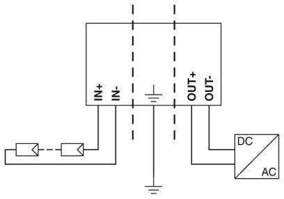 Elektrisches Schaltbild mit Anschlüssen: 'IN+', 'IN-', zwischen Dioden und Kondensator, und 'OUT+', 'OUT-', verbunden mit DC/AC-Wandler.