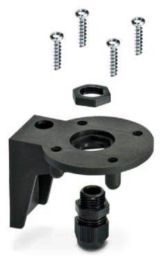 Schwarze Montagehalterung mit vier Schrauben, einer Mutter und einem Kabelverbinder. Geeignet zur Befestigung von Geräten.