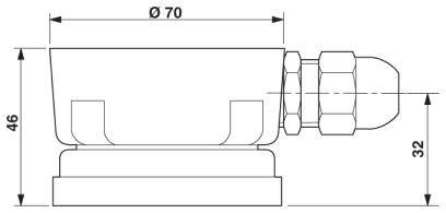 Technische Zeichnung eines Ventils mit den Maßen: Durchmesser 70 mm, Höhe 46 mm, Anschlussbereich Höhe 32 mm.