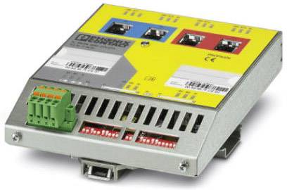 Ein elektronisches Gerät mit gelbem Vorderteil, mehreren Anschlüssen und einem grünen Steckverbinder, wahrscheinlich für industrielle Anwendungen.
