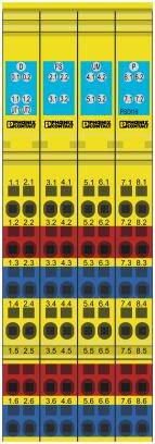 'Phoenix Contact Messumformer' zeigt vier Spalten mit Messgeräten in leuchtenden Farben, jeweils nummeriert und in Blöcken von Zahlen angeordnet.