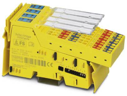 Gelbes elektronisches Modul mit mehreren Anschlussstellen und Beschriftungen, vermutlich ein Sicherheitsrelais für industrielle Anwendungen.