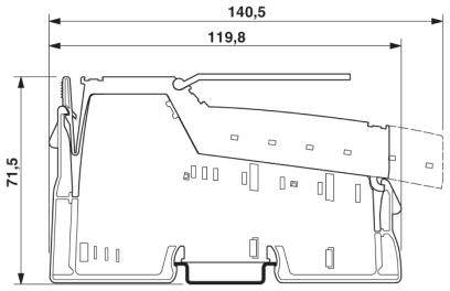 Technische Zeichnung eines Bauteils mit Bemaßungen: Breite 140,5 mm, Tiefe 119,8 mm, Höhe 71,5 mm.