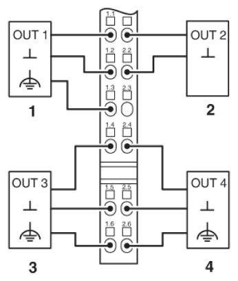Schaltschema eines elektrotechnischen Systems mit vier Ausgängen (OUT 1-4). Verbindungen und Nummerierungen der Anschlüsse sichtbar.