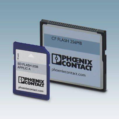 Zwei Speicherkarten: links eine blaue SD-Karte mit 'SD FLASH 2GB', rechts eine größere CompactFlash-Karte mit 'CF FLASH 256MB'.