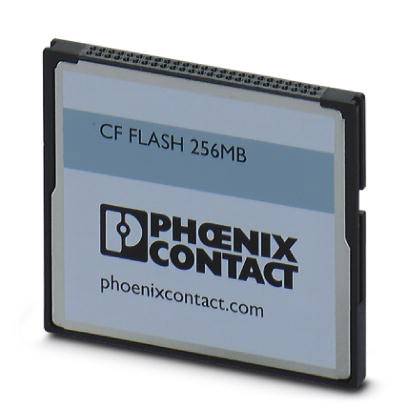 Eine CF-Speicherkarte mit der Aufschrift 'CF FLASH 256MB' von Phoenix Contact.