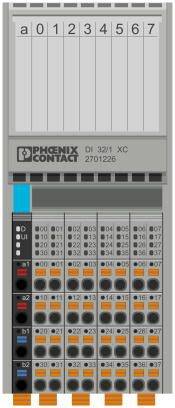 Ein graues Elektrogerät-Modul von Phoenix Contact mit der Aufschrift 'DI 32/1 XC'. Es hat acht nummerierte Anschlüsse von 0 bis 7.