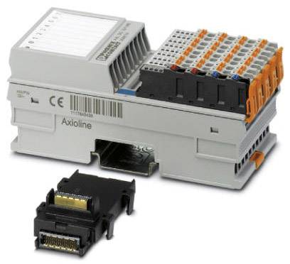 Ein graues Elektronikmodul mit mehreren Anschlüssen und einem kleineren schwarzen Modul davor, verwendet in industriellen Automatisierungssystemen.
