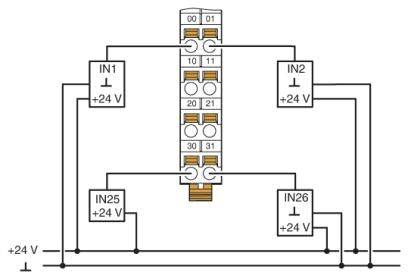 Schaltplan mit zwei Eingängen (IN1, IN2) und zwei Ausgängen (IN25, IN26), jeweils mit +24 V Spannung verbunden.