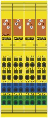 Sicherheitsmodul mit mehreren nummerierten Anschlüssen in gelbem Gehäuse. Oben sind orangefarbene Bereiche mit Icons und Text.