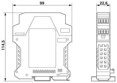 Technische Zeichnung eines elektronischen Bauteils mit Maßangaben: Breite 99 mm, Höhe 114,5 mm, Tiefe 22,6 mm.