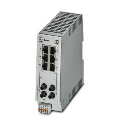 Ein graues, rechteckiges elektronisches Gerät mit mehreren Ethernet-Ports und unteren Anschlüssen für industrielle Anwendungen.