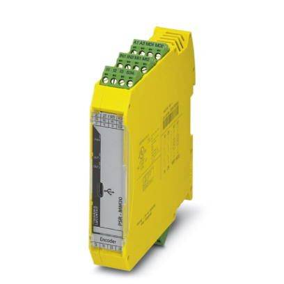 Gelbes, rechteckiges elektronisches Gerät mit grünen Anschlussklemmen oben, verwendet zur Schnittstellenübertragung in industriellen Anwendungen.