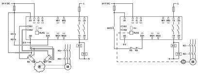 Schaltplan von zwei elektrischen Steuerungen mit Bauteilen und Verbindungen für Motorsteuerung. Links: Mehrere Verbindungen; Rechts: Einfache Verbindung.