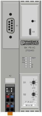 Elektrisches Modul von Phoenix Contact mit Anschlüssen und Bedienelementen, Modell BX PB XC 2702463; Anzeigen für Betriebsstatus.