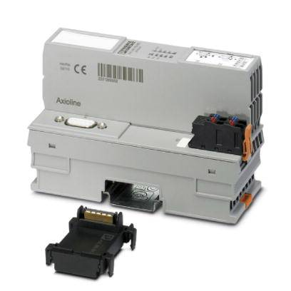 Ein graues elektrisches Gerät mit CE-Kennzeichnung und der Aufschrift 'Axioline', daneben eine kleine schwarze Abdeckung.