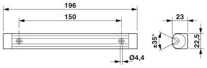 Technische Zeichnung eines rechteckigen Metallteils mit Abmessungen: Länge 196 mm, Breite 23 mm, Bohrung Ø4,4 mm. Winkel 35°.