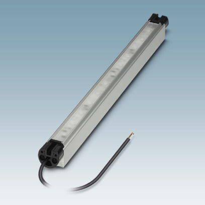 Ein länglicher LED-Lichtstreifen mit schwarzem Kabel an einem Ende. Das Gehäuse ist silberfarben und länglich gestaltet.